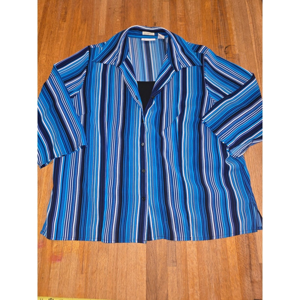 Joanna Plus Women 1X Stretch Blue Black Stripe Collar Button Down 3/4 Sleeve Top